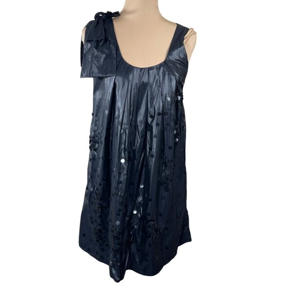 Ryu Flat Sequin Dress Shoulder Bow Black Shift Shimmery S Small Mini Cocktail - Picture 1 of 9